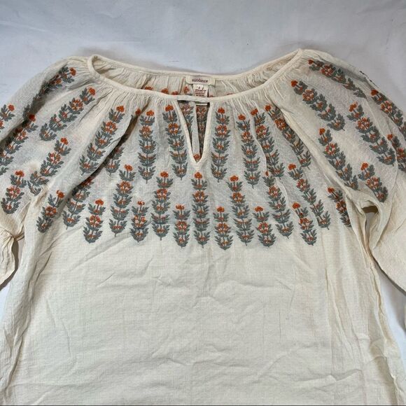 Sundance Embroidered Flowers Cotton Tunic Long Sleeve Off White Blouse L - Picture 2 of 4